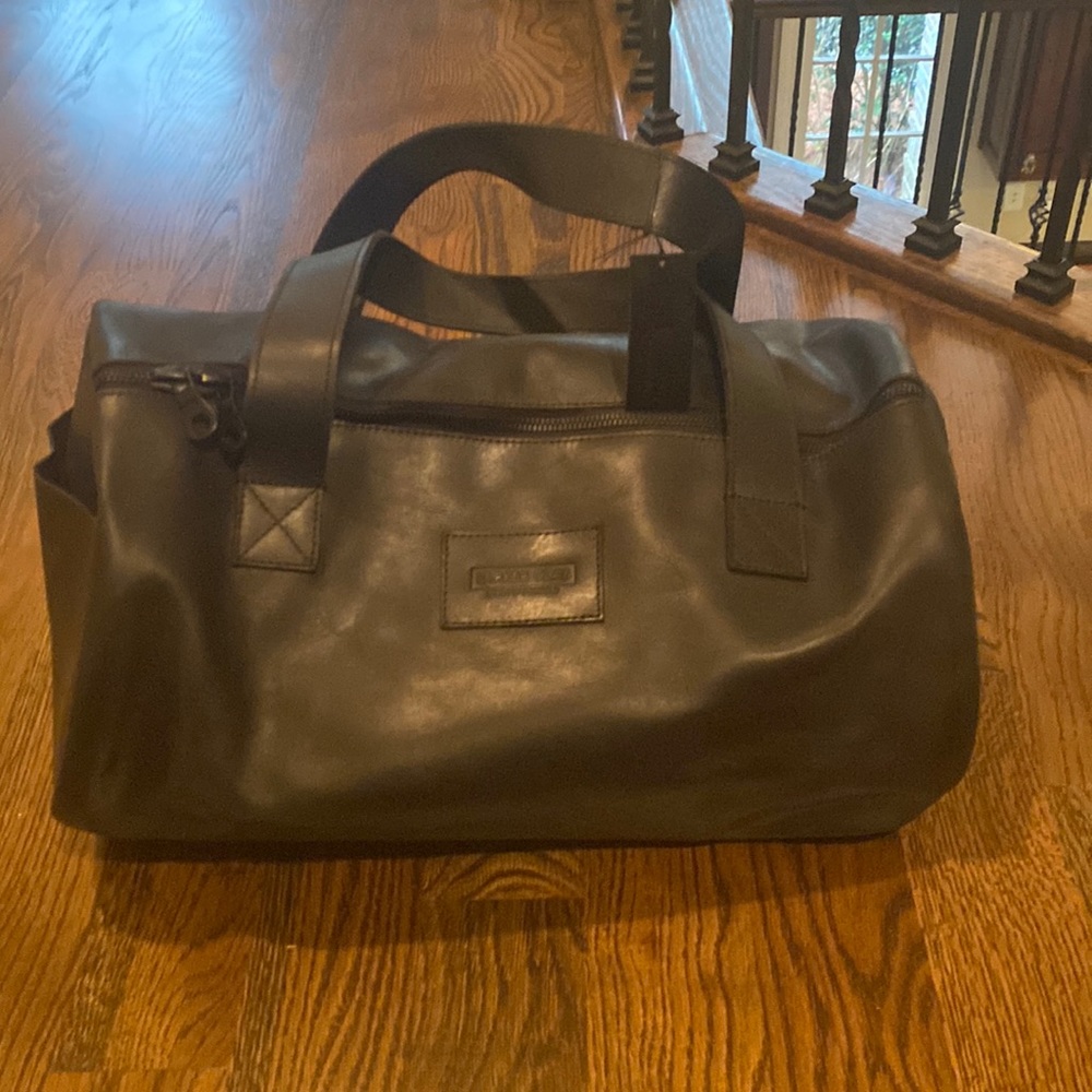 Black leather duffel